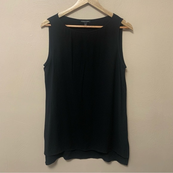 Eileen Fisher Silk Georgette Crepe Bateau Neck Tank Black Size Small - Picture 2 of 11